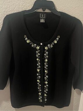 INC International Concepts Black Short-Sleeve Cardigan with Floral Embroidery